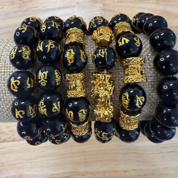 Feng Shui Pixiu Good Luck Bracelet Set Of 6 Stacking Black Beads With Gold - Picture 3 of 4